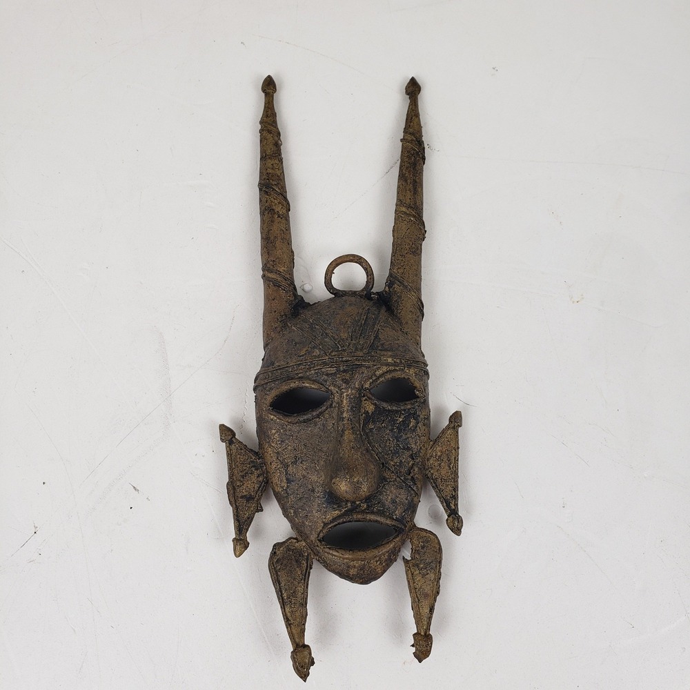 Vintage African Cast Bronze Tribal Mask Wall Hanging Horned Face Art Sculpture